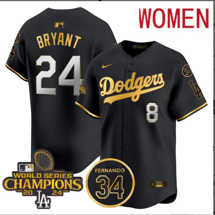 Women MLB Los Angeles Dodgers #24 Bryant black 2024 World Series Champions Patch Limited Jersey->women mlb jersey->Women Jersey